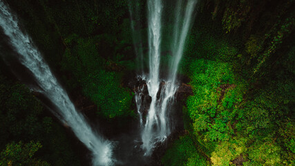 Majestic aerial shot of a cascading waterfall in a lush rainforest, with mist rising from the water...