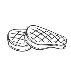 Grilled meat steaks line icon. Outline hand drawn sketch of two cooked tenderloin beefsteaks to eat. BBQ food menu, barbeque party mascot, hot chargrilled steaks portion icon vector illustration