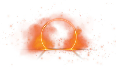 A golden-orange circle radiates light and mist, surrounded by sparkles against a transparent background.