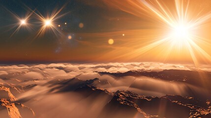 Majestic sun illuminating the clouds with vibrant solar flares creating a celestial display of energy and atmospheric beauty