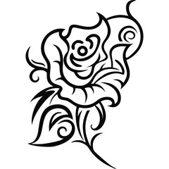 Stylized black and white rose illustration, tribal tattoo design, floral art.