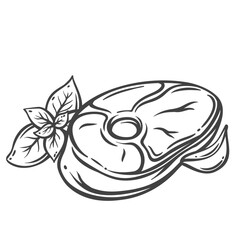 Beef steak with bone line icon. Outline hand drawn sketch of ossobuco, one raw meat cut with marrow bone to cook stew. Cooking, butchers shop product mascot, steak and basil icon vector illustration