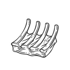 Rack of lamb, meat on ribs line icon. Outline hand drawn sketch of beef with bones slice to grill and roast, barbecue food. Butchery product, BBQ menu mascot, raw ribs icon vector illustration