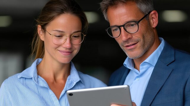 Business professionals reviewing tablet together