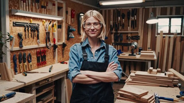 Confident female carpenter smiling in a workshop surrounded by tools