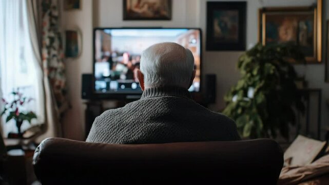 Old elderly man sit comfortably in chair, sofa, cozy living room, watches news on TV. Propaganda on television. Mature grandfather observing movie screen. Gray hair and sweater.