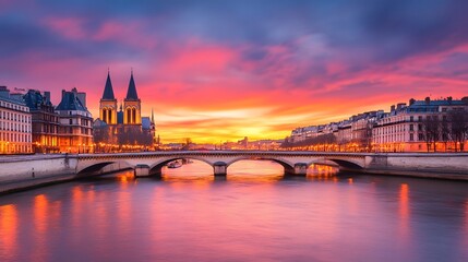 Naklejka premium Vibrant Sunset Over European Bridge and River with Historic Architecture