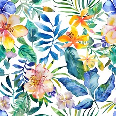 Tropical Floral Watercolor: A vibrant and colorful seamless pattern of tropical flowers and lush green leaves, rendered in a painterly watercolor style, perfect for textile design or background.