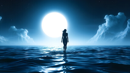 Silhouette of slim woman standing in ocean at night and moving to unknown white glowing space. Abstract design for wallpaper, background and banner. New world. Fantasy and futurism Generative AI