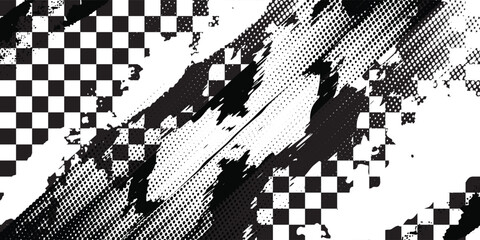 Race flag grunge background, car rally or motocross finish flag with vector checker pattern. Grunge race flag for car racing sport or bike speedway, motorsport © fadila