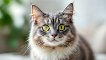 Obraz premium Gray Tabby Cat with Piercing Green Eyes Relaxing Indoors