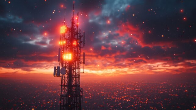 Illuminated Cellular Tower at Sunset Over Cityscape Dramatic Night Sky