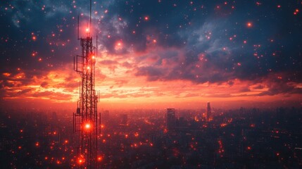 Futuristic Cityscape at Sunset with Illuminated Communication Tower and Network Connections