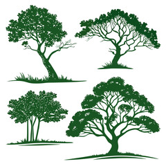 Green silhouettes, tree illustrations, various tree shapes