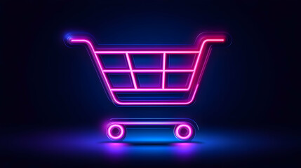 Glowing Pink and Blue Neon Shopping Cart Icon on Dark Background