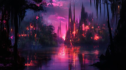 Fototapeta premium City of Echoes, Ruins, and Neon Reverie