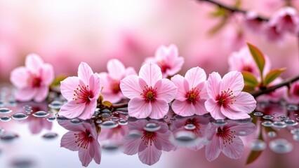 Obraz premium Pink Cherry Blossom Flowers Reflecting in Water Droplets Springtime Floral Beauty and Serenity