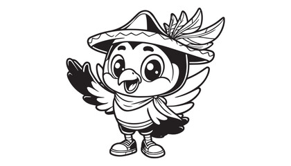 Vector illustration of cartoon bird black and white drawing For children to learn to color according to the picture.