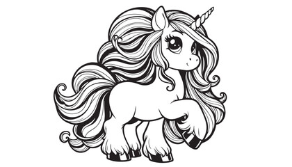 Vector illustration of cartoon horse black and white drawing For children to learn to color according to the picture.