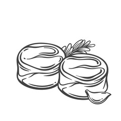 Round steak two slices line icon. Outline hand drawn sketch of meat steak filet with rosemary and garlic. Butchery, beefsteak, restaurant menu mascot, beef product for cooking icon vector illustration