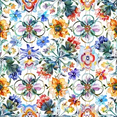 Floral Tapestry: A vibrant watercolor illustration of a repeating floral pattern, showcasing intricate blooms and lush foliage.