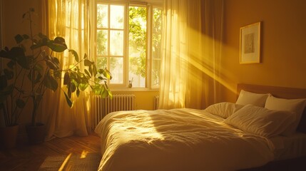 A minimalist bedroom with golden morning rays