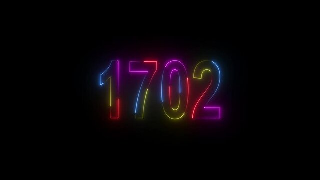 neon sign 1702 ,Four neon color Glowing neon number text background 4k video animation . 1702 title metal text on black alpha channel background