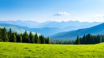 Fototapeta premium Lush Mountain Landscape with Serene Green Meadows and Clear Blue Skies - Ideal for Outdoor Adventure and Ecotourism