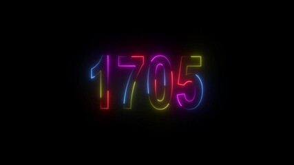 neon sign 1705 ,Four neon color Glowing neon number text background 4k video animation . 1705 title metal text on black alpha channel background