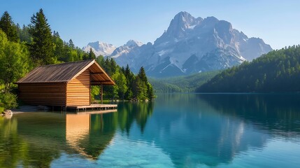 Obraz premium Tranquil wooden cabin sits by a lake, with mountains and a bright sky reflected in the water