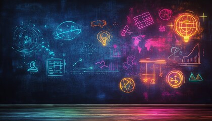Fototapeta premium Neon chalkboard with global ideas, innovation, and technology concepts.