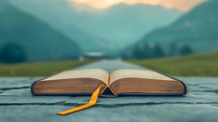 Open book resting on a stone surface with mountains and a pathway in the background at sunset