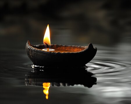 Candle flame reflecting in a pool of black ink symbolizing hope in darkness minimalist still life