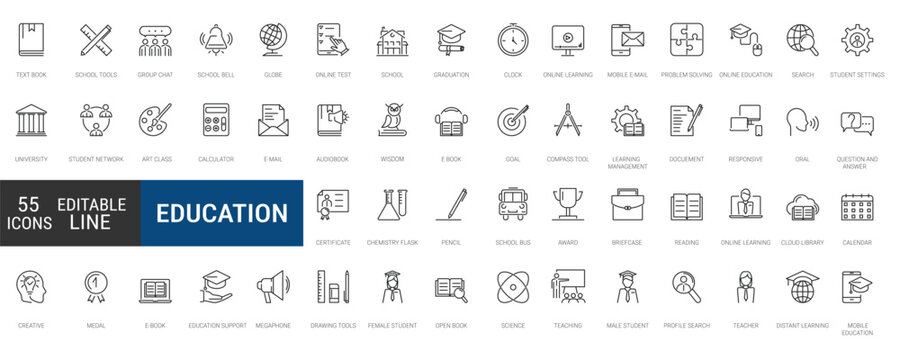 Education and School Thin Line Icons Set. Learning, Study, and Teaching Editable Stroke Icons. Vector Illustration