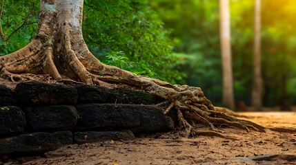 Fototapeta premium Tree roots grow over ancient stone wall. Lush jungle behind, sunlight filters