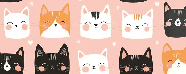 kawaii kitty pattern with charming cats on blush pink backdrop, seamless repeat design, cute faces, playful poses, pastel color scheme, highresolution illustration