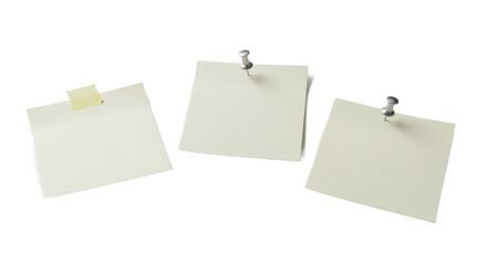 Three Blank White Square Sticky Notes With Pins And Tape On Transparent Backgrounds