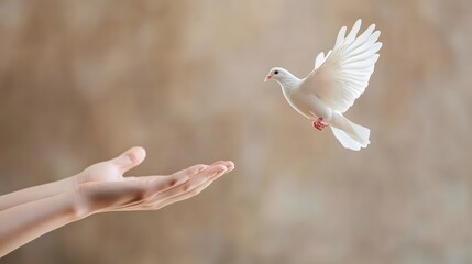 Hands Reaching to Catch a Soaring White Dove, Symbolizing Harmony and Spiritual