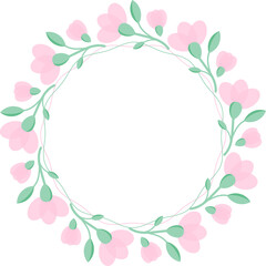 Fototapeta premium Abstract wreath of soft pink flowers and light green leaves. Illustration for invitation or greeting card. Colorful illustration for text message. Text.