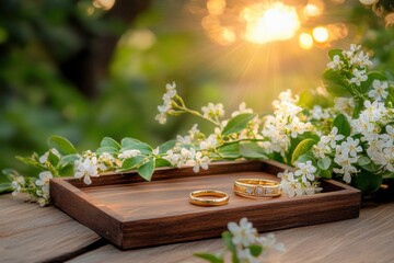 Engagement ring placed on wooden tray with jasmine flowers, Thai traditional style