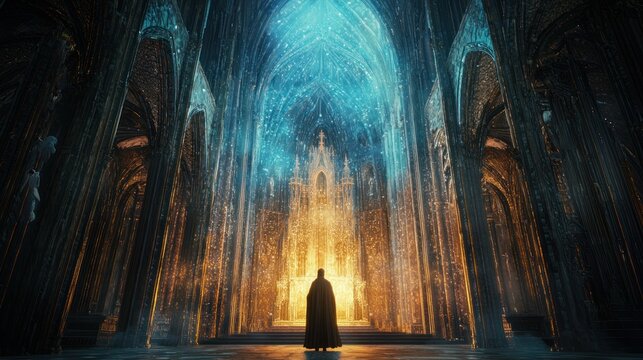 A saintly figure standing in a glowing cathedral