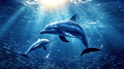 Fototapeta premium Two dolphins gracefully swim in the ocean depths, sunlight filtering down