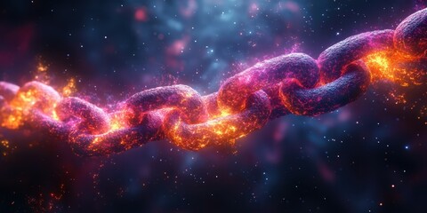 Vibrant abstract chain glowing in cosmic space with fiery elements and a vivid background