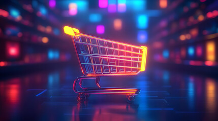 Glowing Wireframe Shopping Cart in Neon Lights