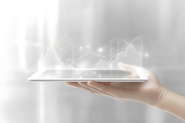 Hand holding tablet displaying financial graph analysis on white background