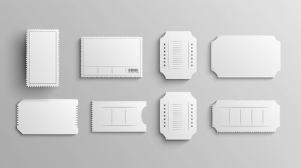 Set of 8 white blank event tickets in various shapes, isolated mockups for promotions and giveaways