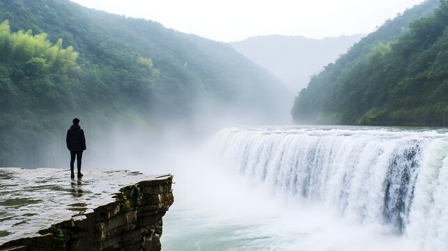 Solitary Traveler at the Majestic Waterfall Amidst the Misty Mountain Landscape - Powered by Adobe
