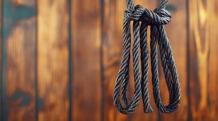 Twisted rope hangs against wooden planks. Dark, rustic, somber feeling. Creates emotion and mood