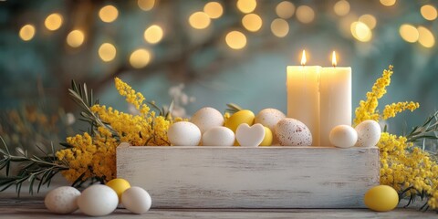 Candlelit spring arrangement featuring eggs and flowers for a festive celebration in a cozy setting