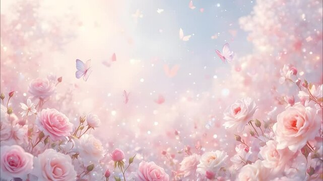 ピンクの花と蝶の風景